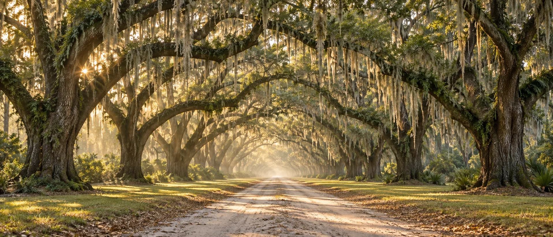 An avenue of live oaks hung with Spanish moss in the late-afternoon sun